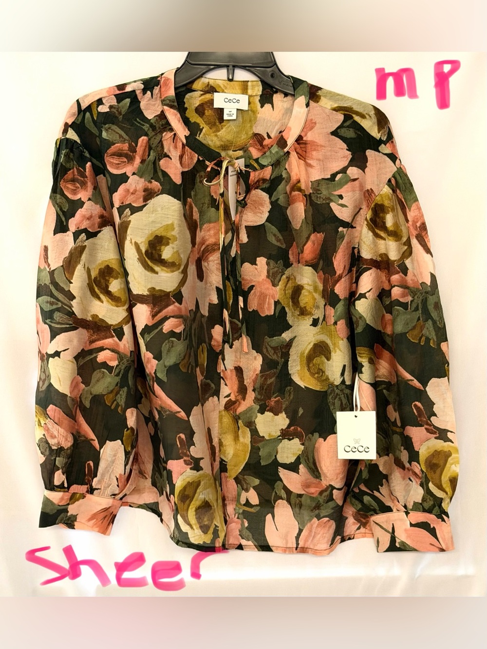 CeCe Black Sheer Floral Tie-Neck Jacket with Pink and Olive Blooms